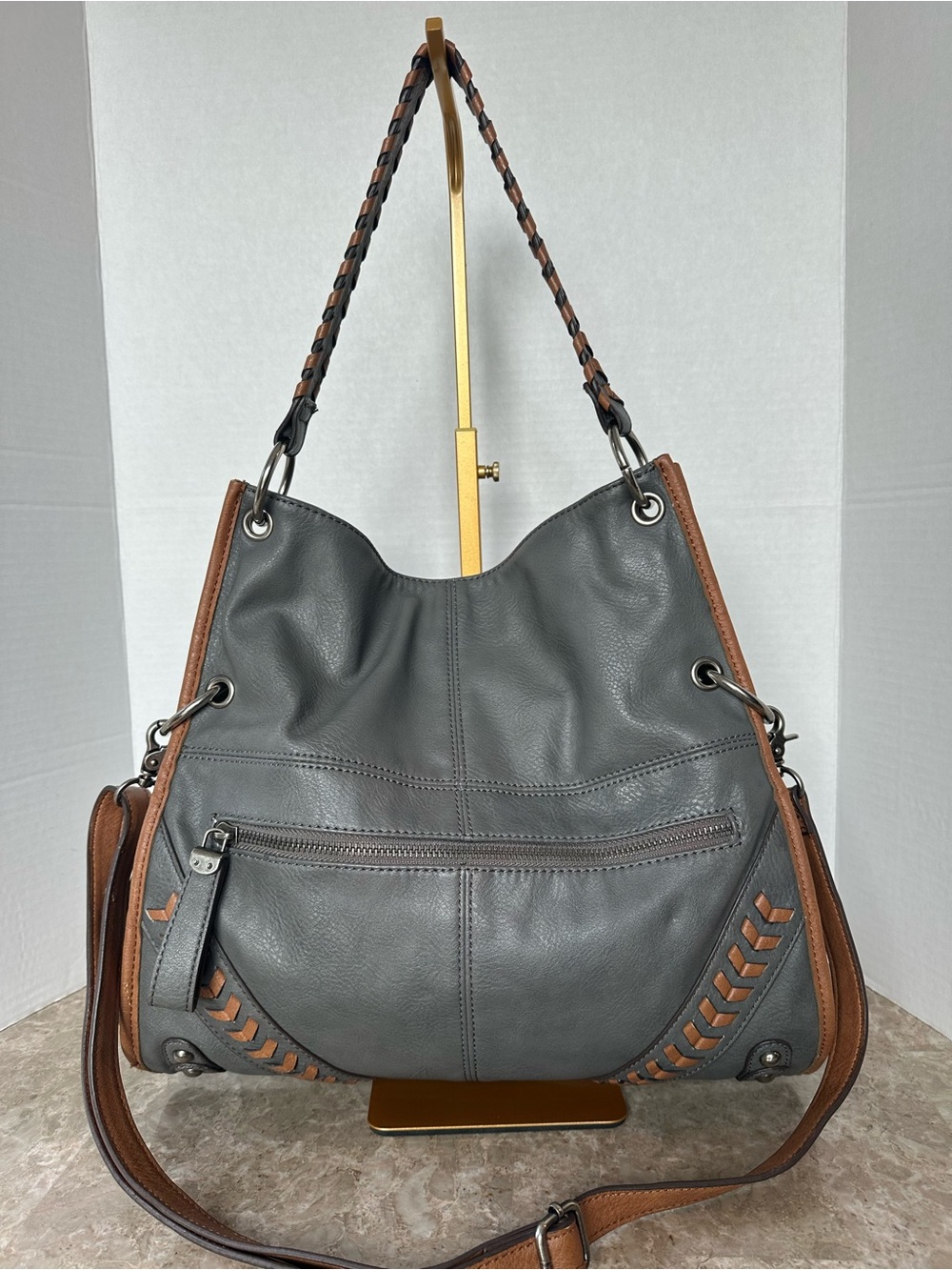 Jessica Simpson Slouchy Hobo Bag Grey Cognac Woven Stitch Boho Y2K Chic Purse